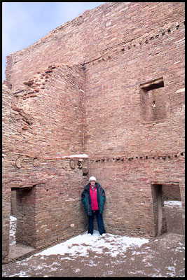 Paula in one of the three-story structures at Pueblo Bonito