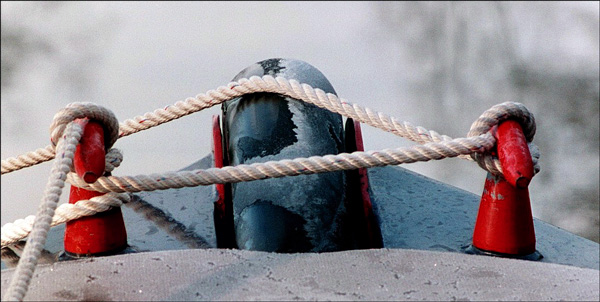 Narrowboat, frost on ropes