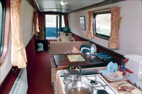 Narrowboat. View from the galley toward the bow. 