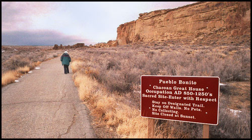 Pueblo Bonito, the ruins of a large, ancient, Indian structure, surrounded by other Indian dwellings