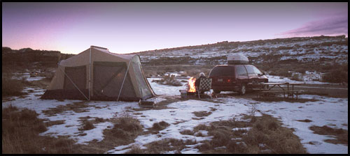 Sunset at Chaco Canyon.  We put up the tent to keep critters away from our provisions, but we slept in the car because we wanted to be more comfortable and less cold